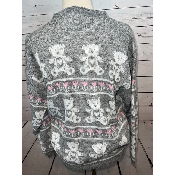 NWT Adele‎ Knitwear Sweater Large Teddy Bears Heart Acrylic USA 80s Vintage Gray - Picture 9 of 10